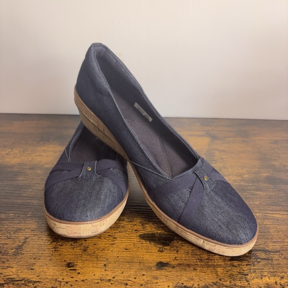 Grasshoppers Denim Wedge Shoes Women 9.5 Blue Canvas Ortholite Slip On Comfort
